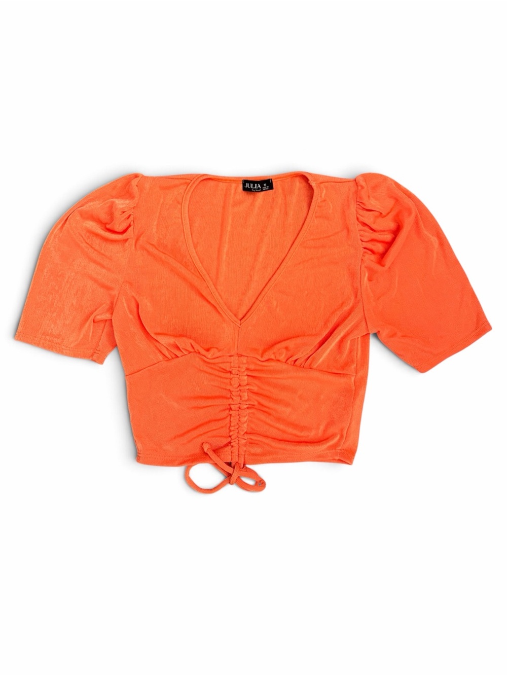 Julia by love Womenโs Size M Orange Ruched Crop Top Short Sleeve Tie Front